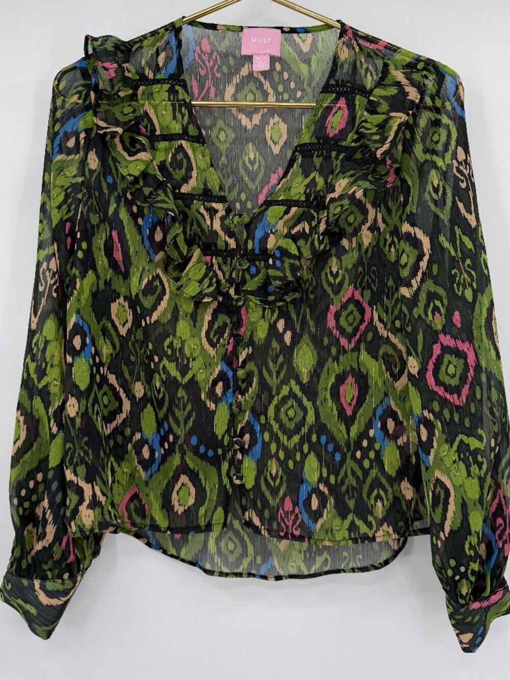 MUSE Republic Clothing Womens XS Sheer Ikat Print Ruffle Boho Romantic Top